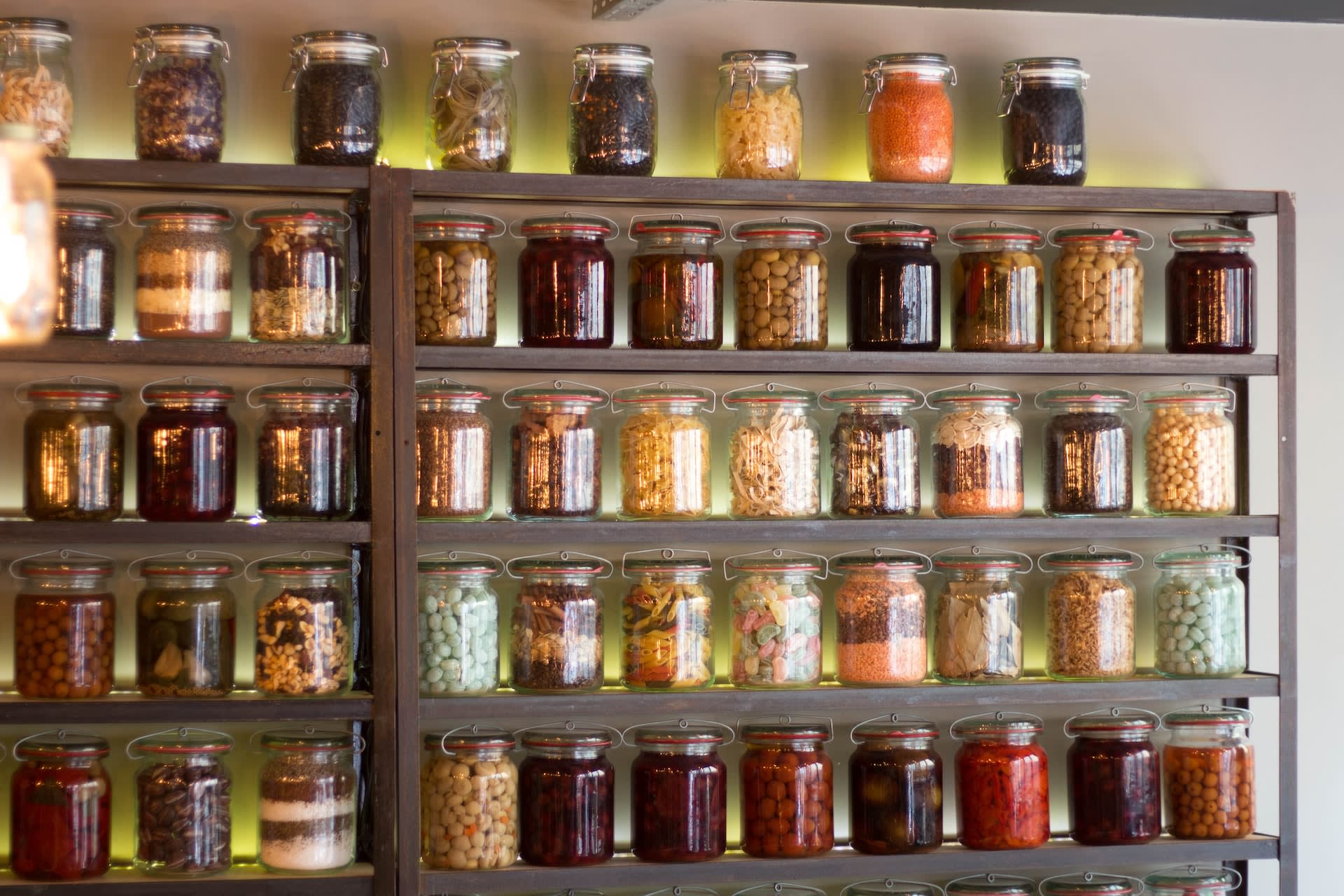 Wall of pickled ingredients Wall of pickled ingredients