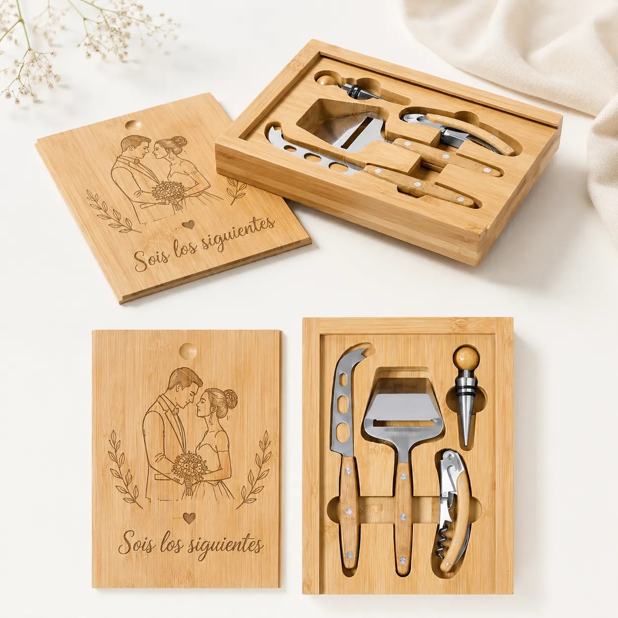 Kit Gourmet de Quesos y Vino personalizado para boda hecho a mano por MariArT Natural