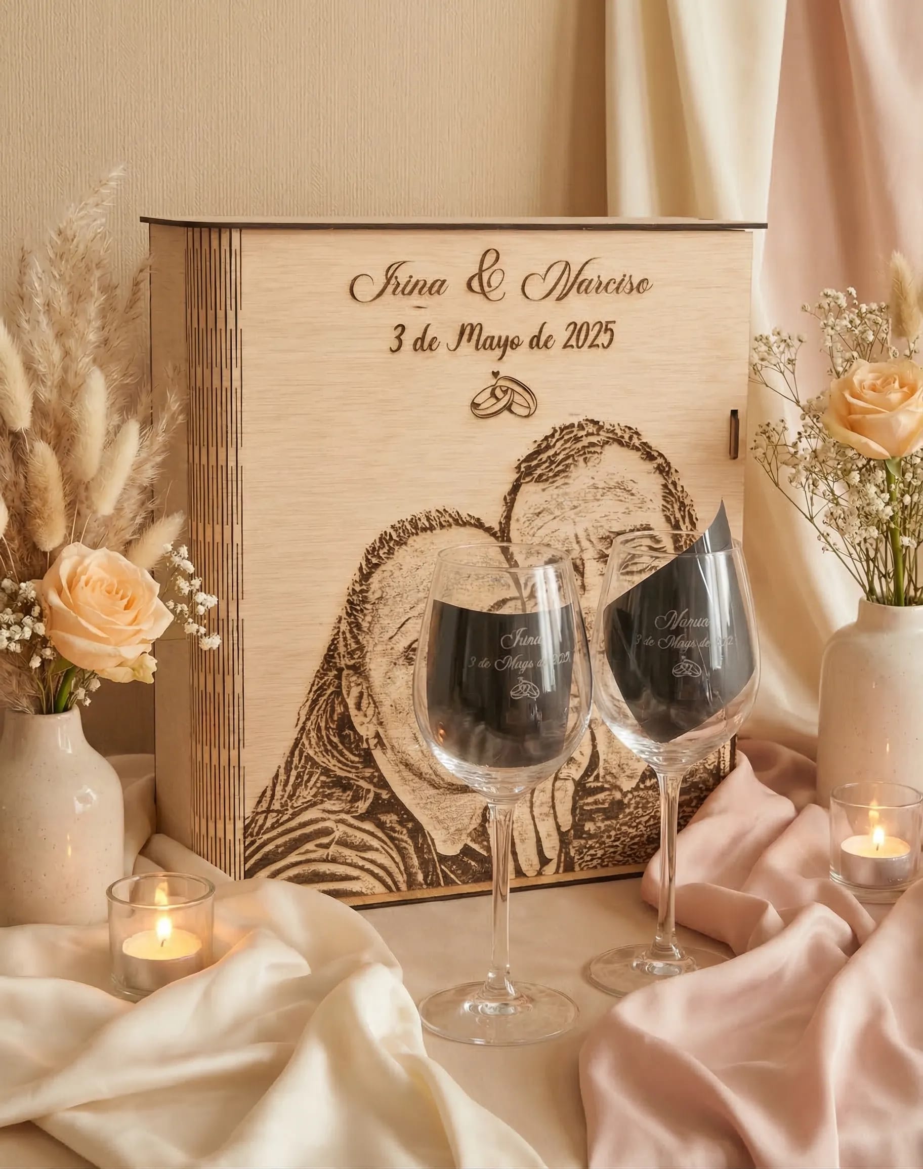 Caja de madera con copas y vino - MariArT