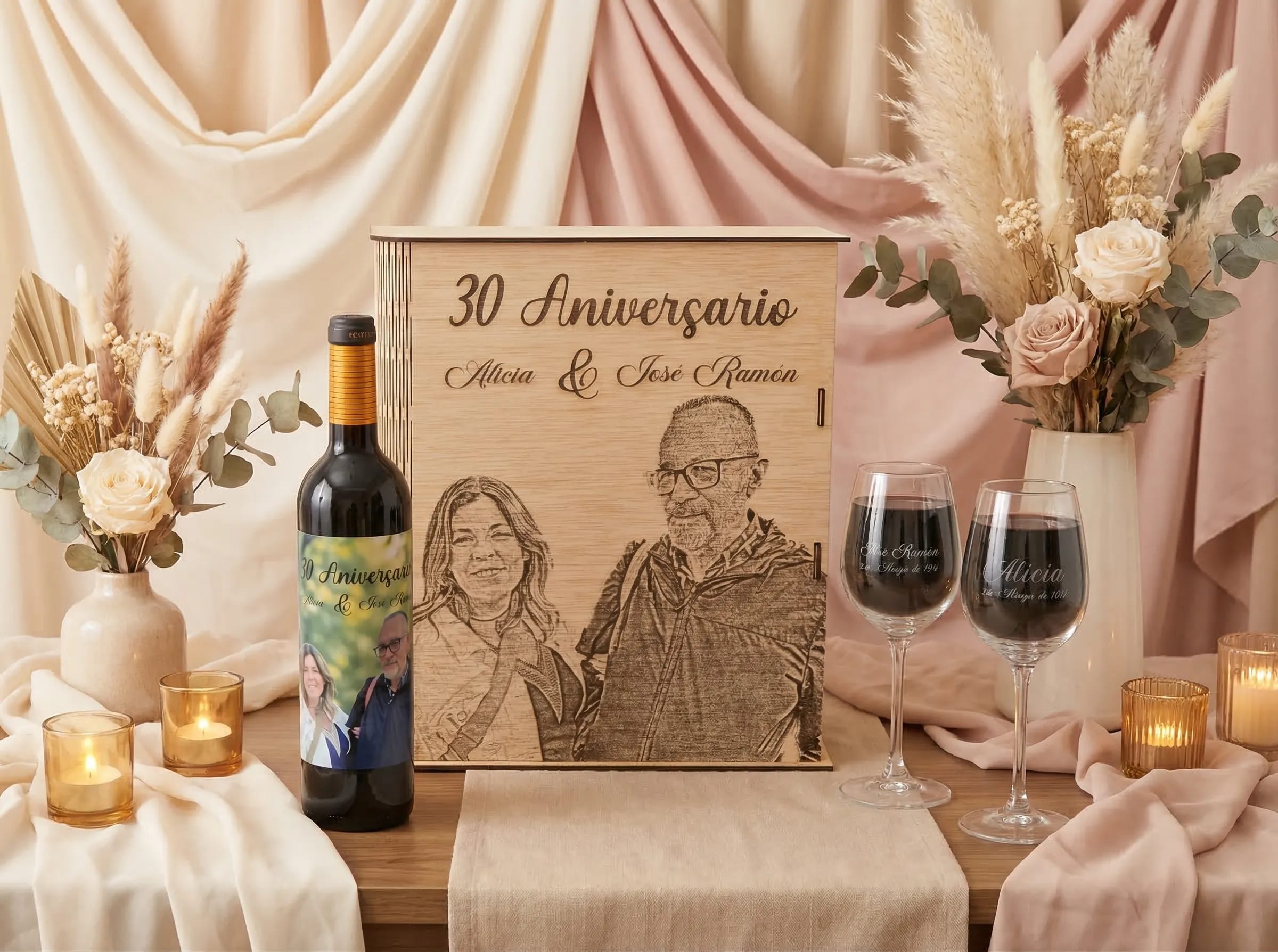 Caja de madera con vino y copas