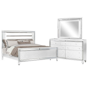 Vegas 7 Pc White Colors,White Queen Bedroom Set With Dresser, Mirror, 3 Pc  Queen Panel Bed, Nightstand