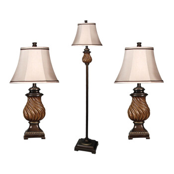 Toffee Wood 3 Piece Table and Floor Lamp Set