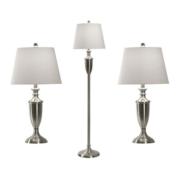 Brush Steel 3pc Table and Floor Lamp Set