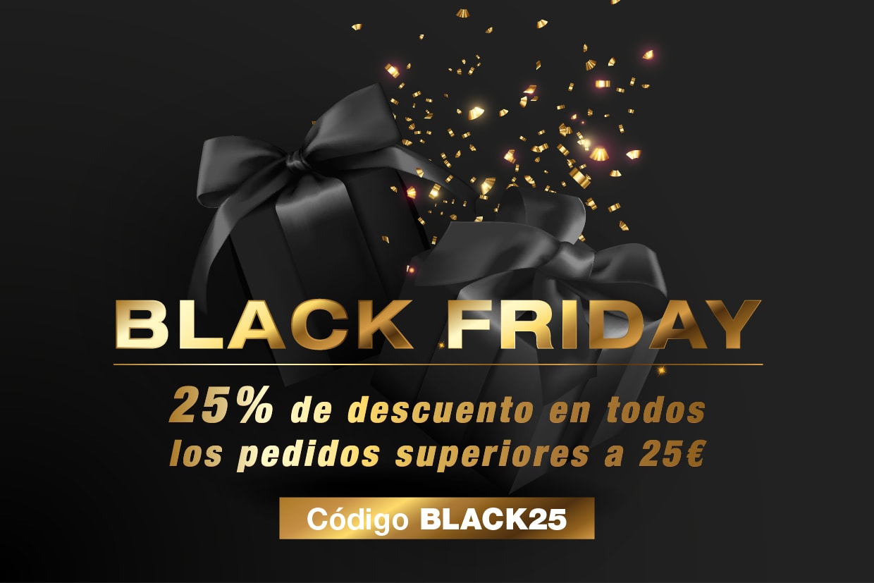 Black Friday. 25% de descuento en todos los pedidos superiores a 25€. Código BLACK25.