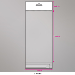 230x120 mm Sac transparent cellophane avec dispositif d'accrochage en rayon