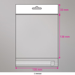 135x138 mm Sac transparent cellophane avec dispositif d'accrochage en rayon