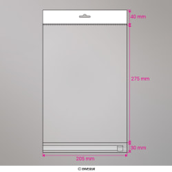 275x205 mm Sac transparent cellophane avec dispositif d'accrochage en rayon