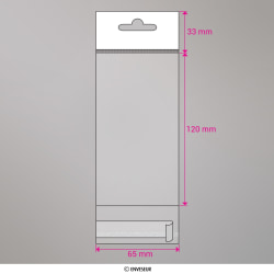 120x65 mm Sac transparent cellophane avec dispositif d'accrochage en rayon