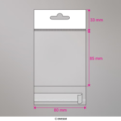 85x80 mm Sac transparent cellophane avec dispositif d'accrochage en rayon