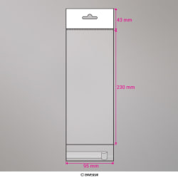 230x95 mm Sac transparent cellophane avec dispositif d'accrochage en rayon