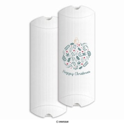 Białe pudełko z tektury falistej w kształcie poduszki „Happy Christmas” 220x110x30 mm (DL)