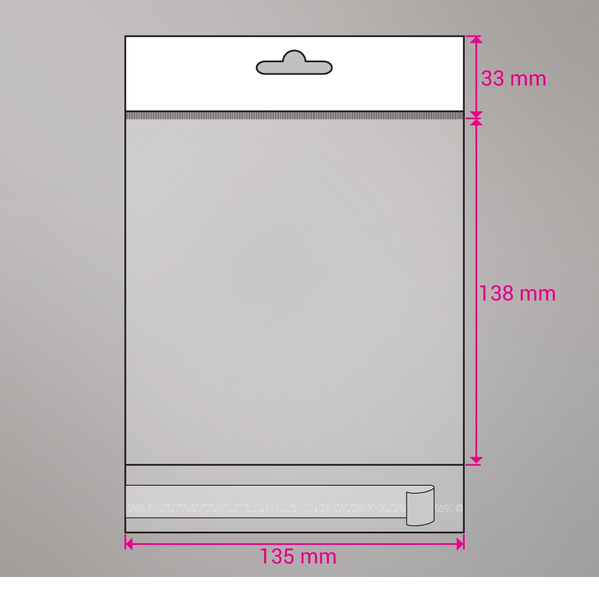 135x138 mm Sac transparent cellophane avec dispositif d'accrochage en rayon