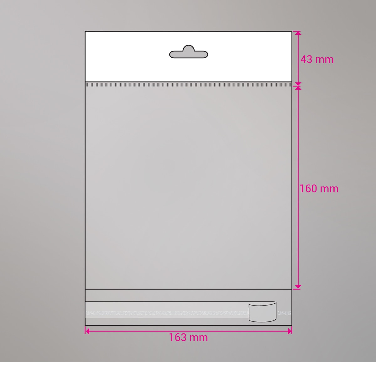 160x163 mm Sac transparent cellophane avec dispositif d'accrochage en rayon