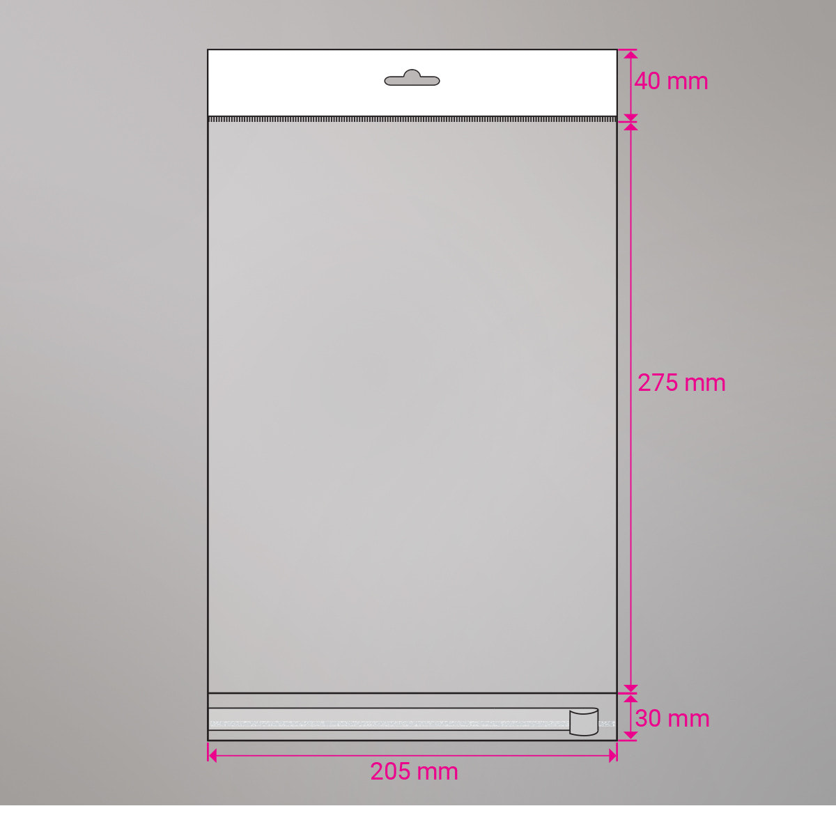 275x205 mm Sac transparent cellophane avec dispositif d'accrochage en rayon