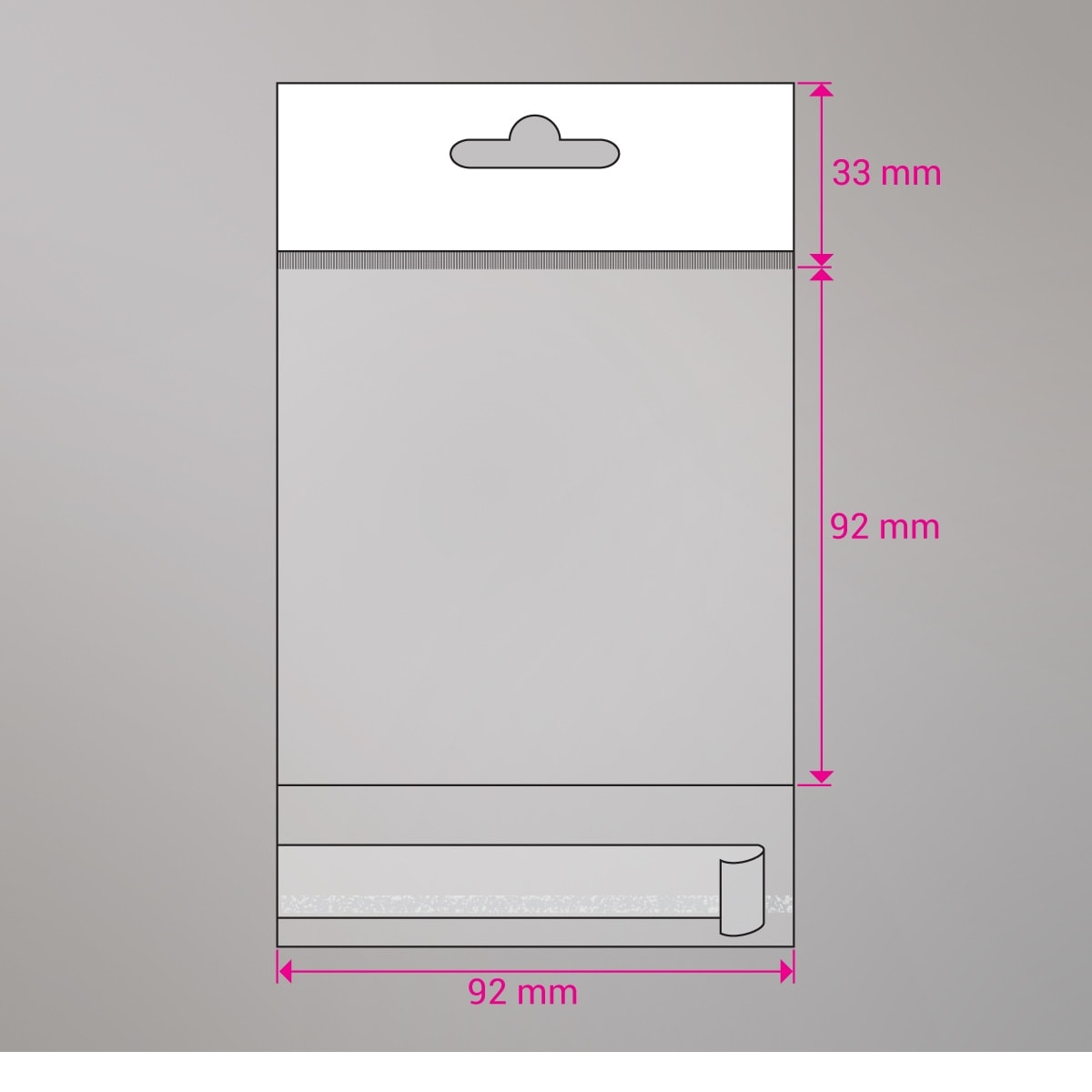 92x92 mm Sac transparent cellophane avec dispositif d'accrochage en rayon