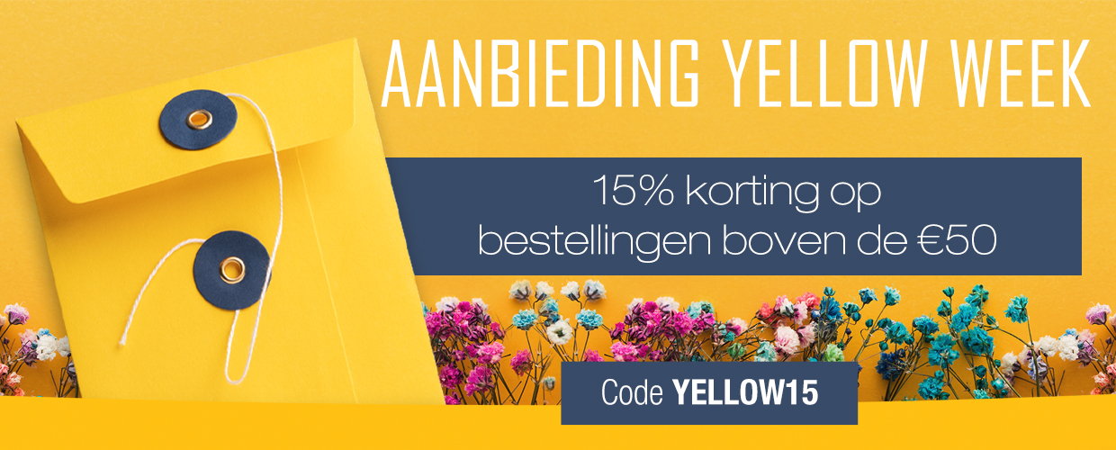 15% korting op bestellingen boven de €50. Code: YELLOW15
