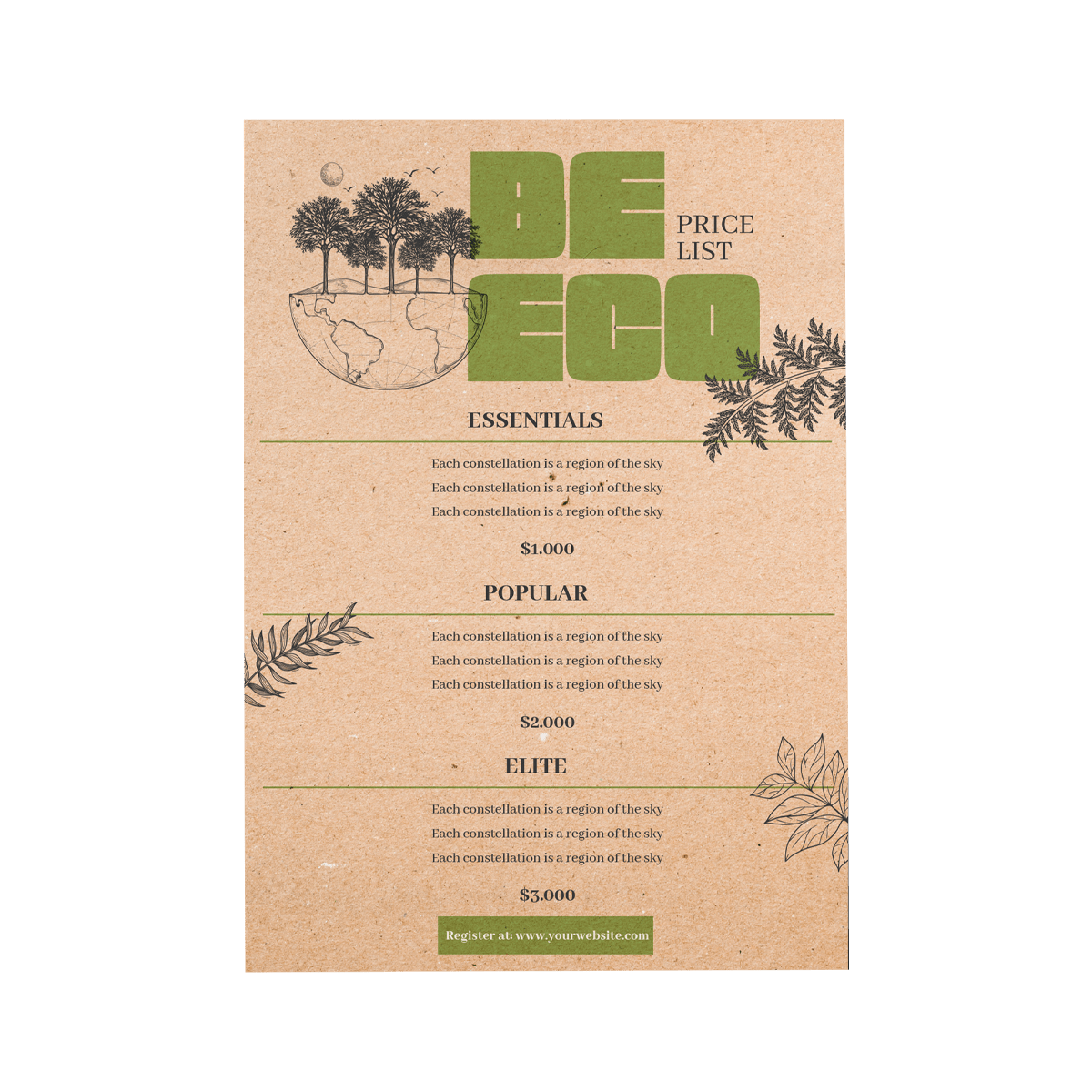 Garden centre menu printed on kraft card