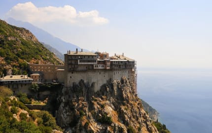 Time travel back to Byzantine monasteries for men-only sacred wellness experience, simplicity, history and heritage.  Mount Athos, Greece