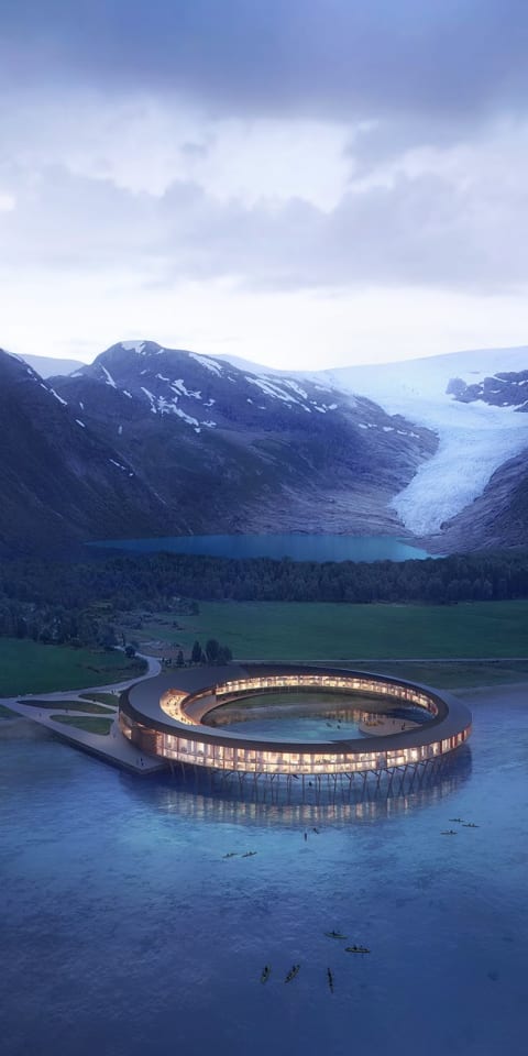 Holistic wellness in arctic fjord, energy efficient and self sustaining resort, wearable ID personalizes experience.  Svart, Norway