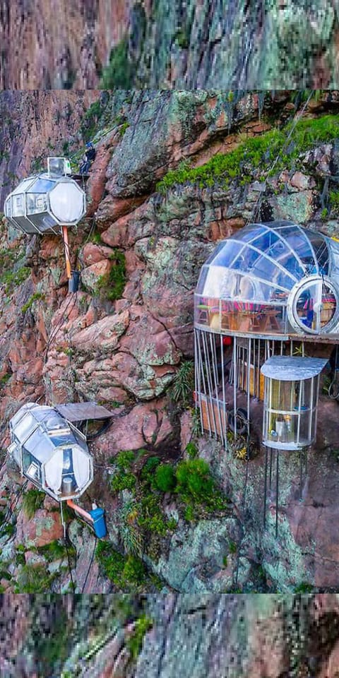 Like eagle’s perspective sleeping in condor’s nest, luxury capsule hanging from top of mountain in Sacred Valley of Peru