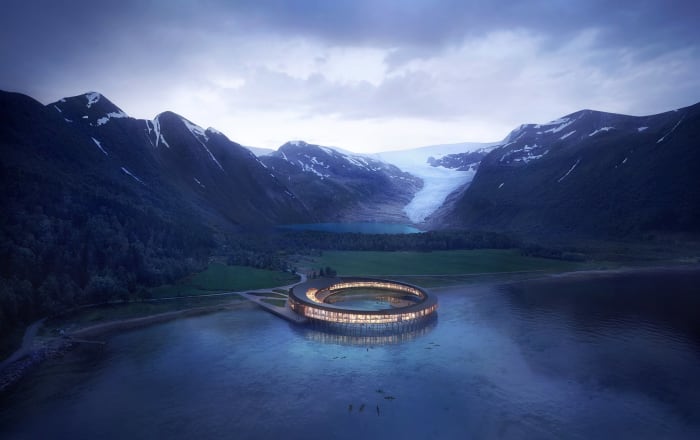 Holistic wellness in arctic fjord, energy efficient and self sustaining resort, wearable ID personalizes experience.  Svart, Norway