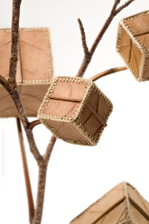 "Cube Tree No.7 " magnolia leaves, cotton thread, wood