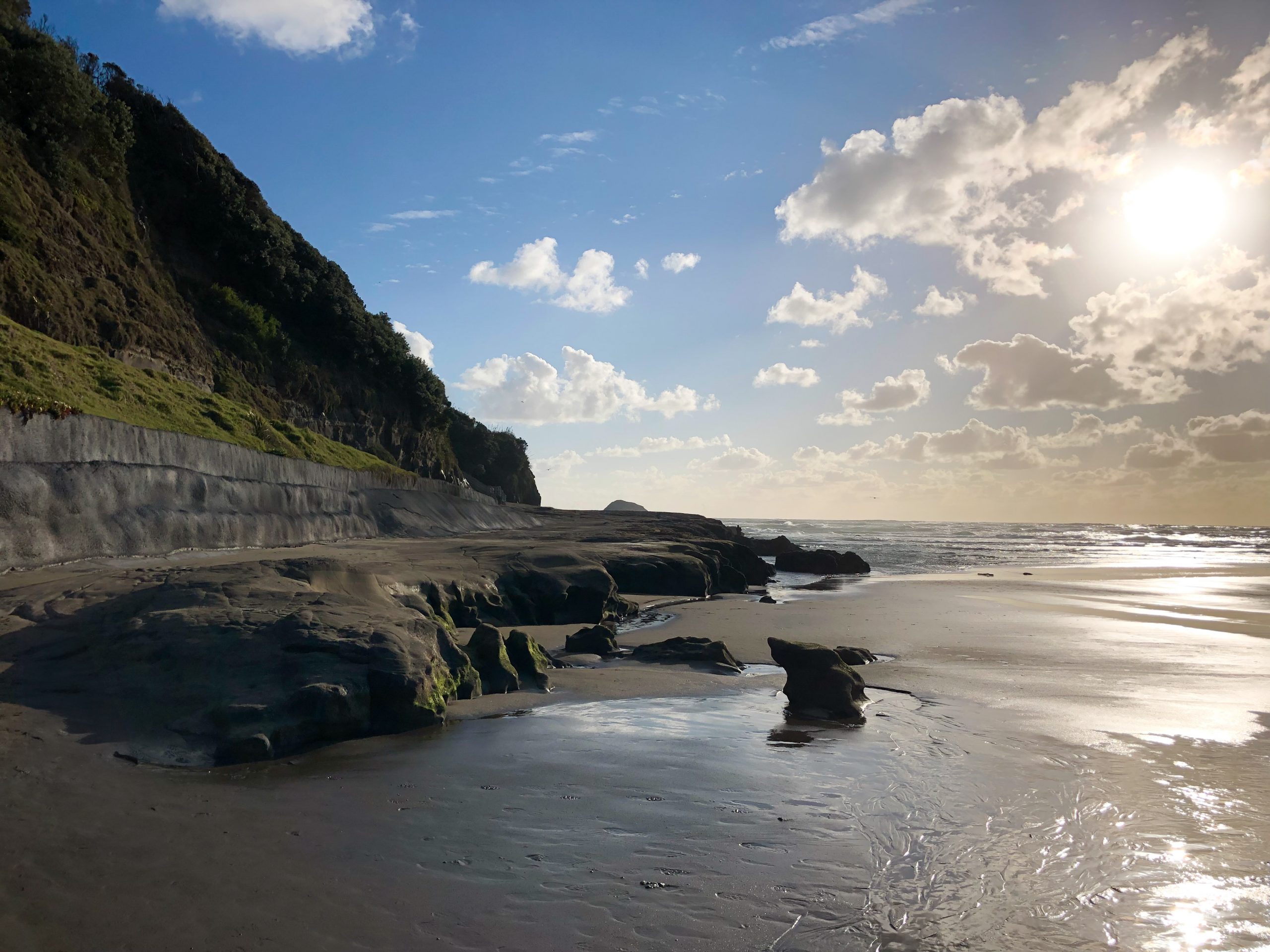 Brandung und Küstenlandschaft am Muriwai Beach