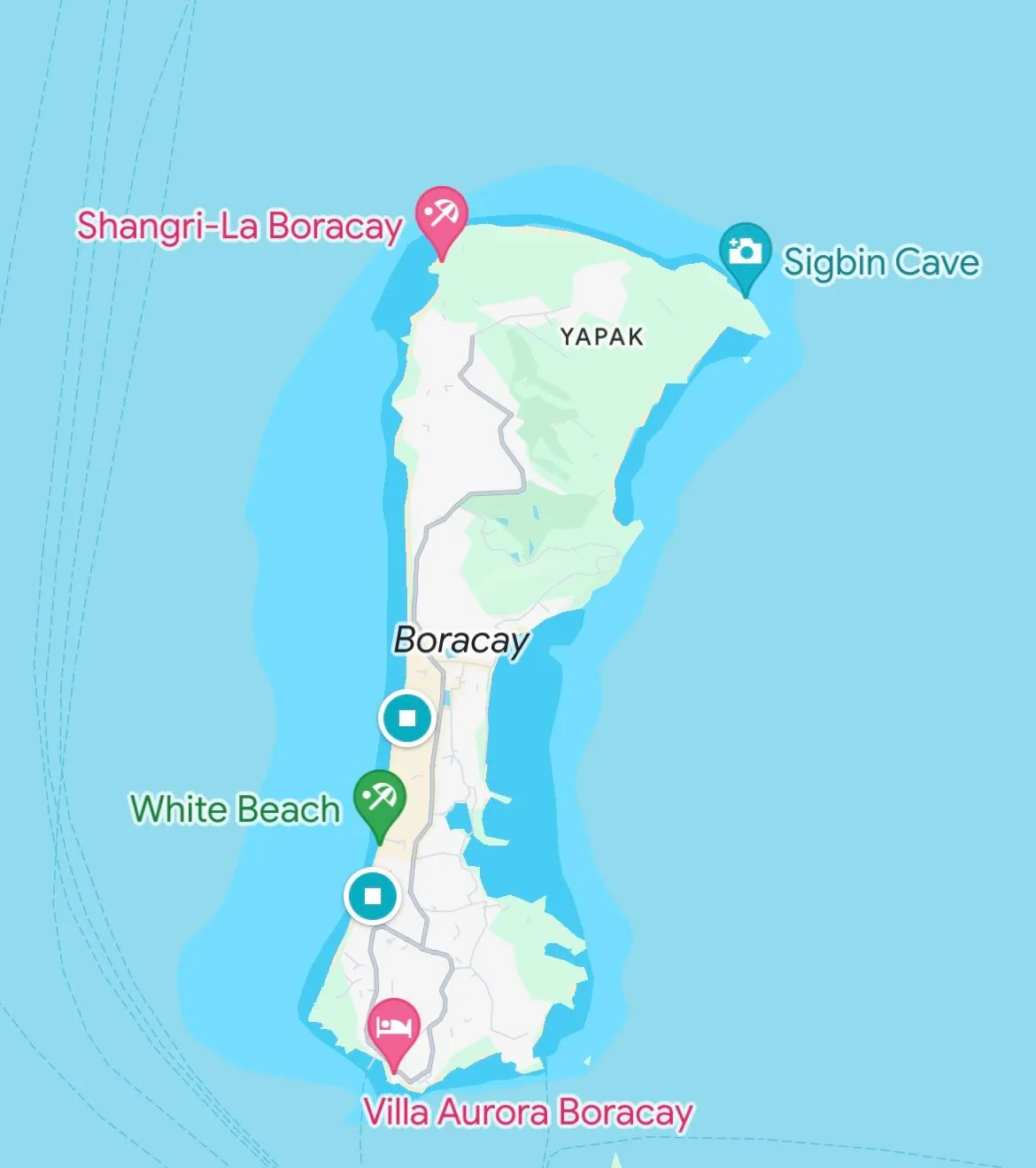 Karte der Insel Boracay, Philippinen, mit Sehenswürdigkeiten wie White Beach und Shangri-La Resort