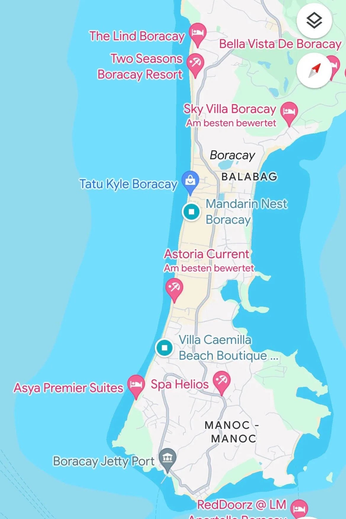 Interaktive Google Maps Karte der Insel Boracay, Philippinen, mit Hotels und Stränden markiert.