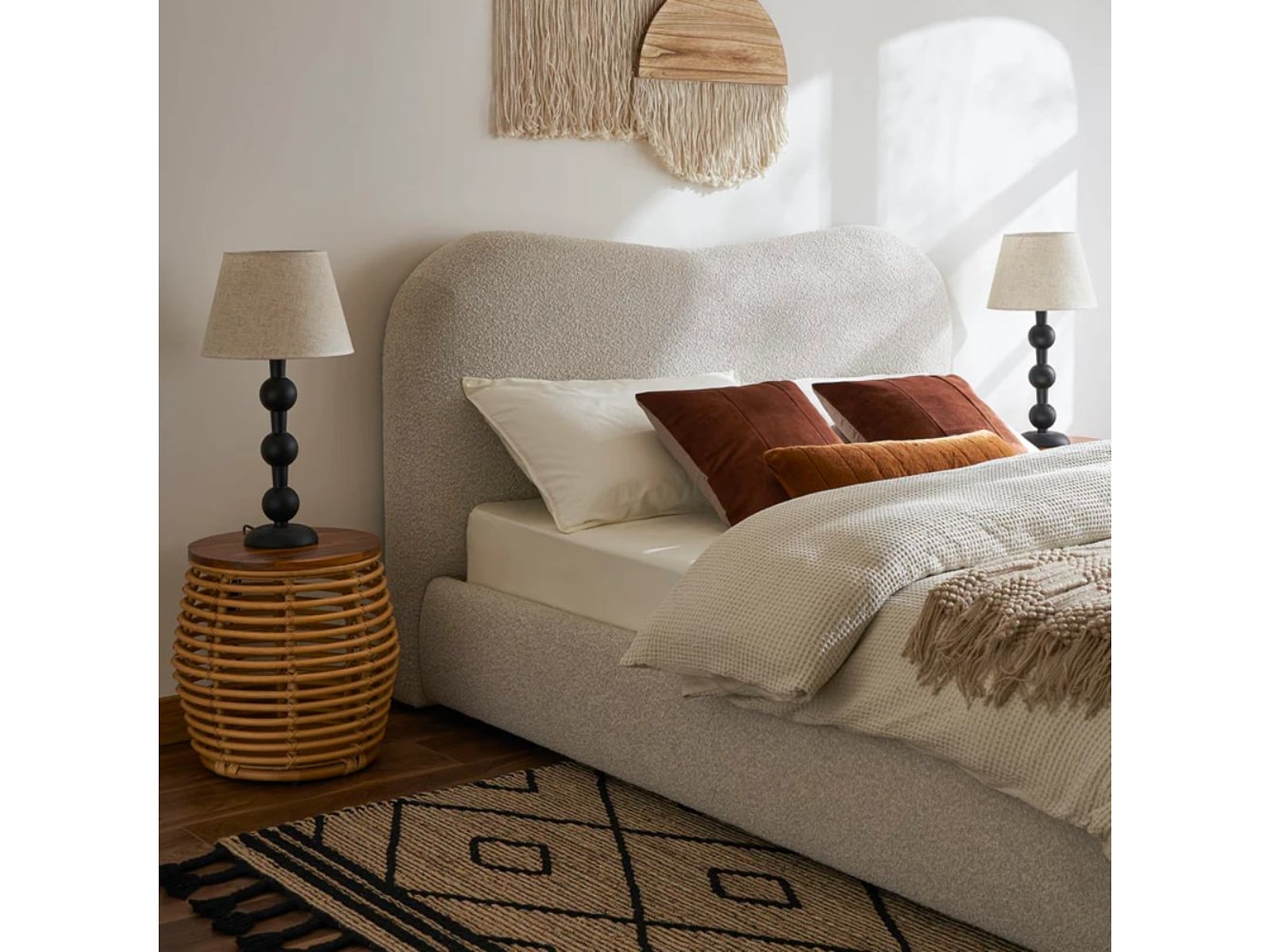luxury bouclé upholstered solid wood bed king size modern design India