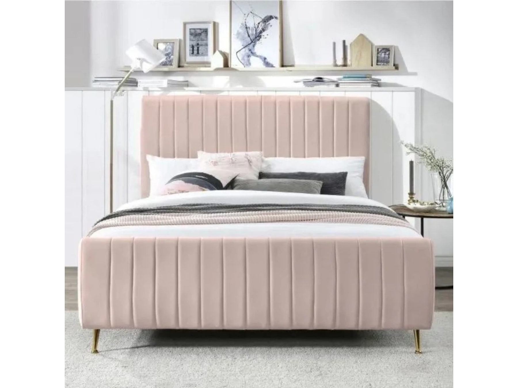 Ahmedabad Luxury Velvet Bed | Premium Tufted Upholstered Bed Frame | Modern Rose Blush Master Bedroom Furniture — view 1