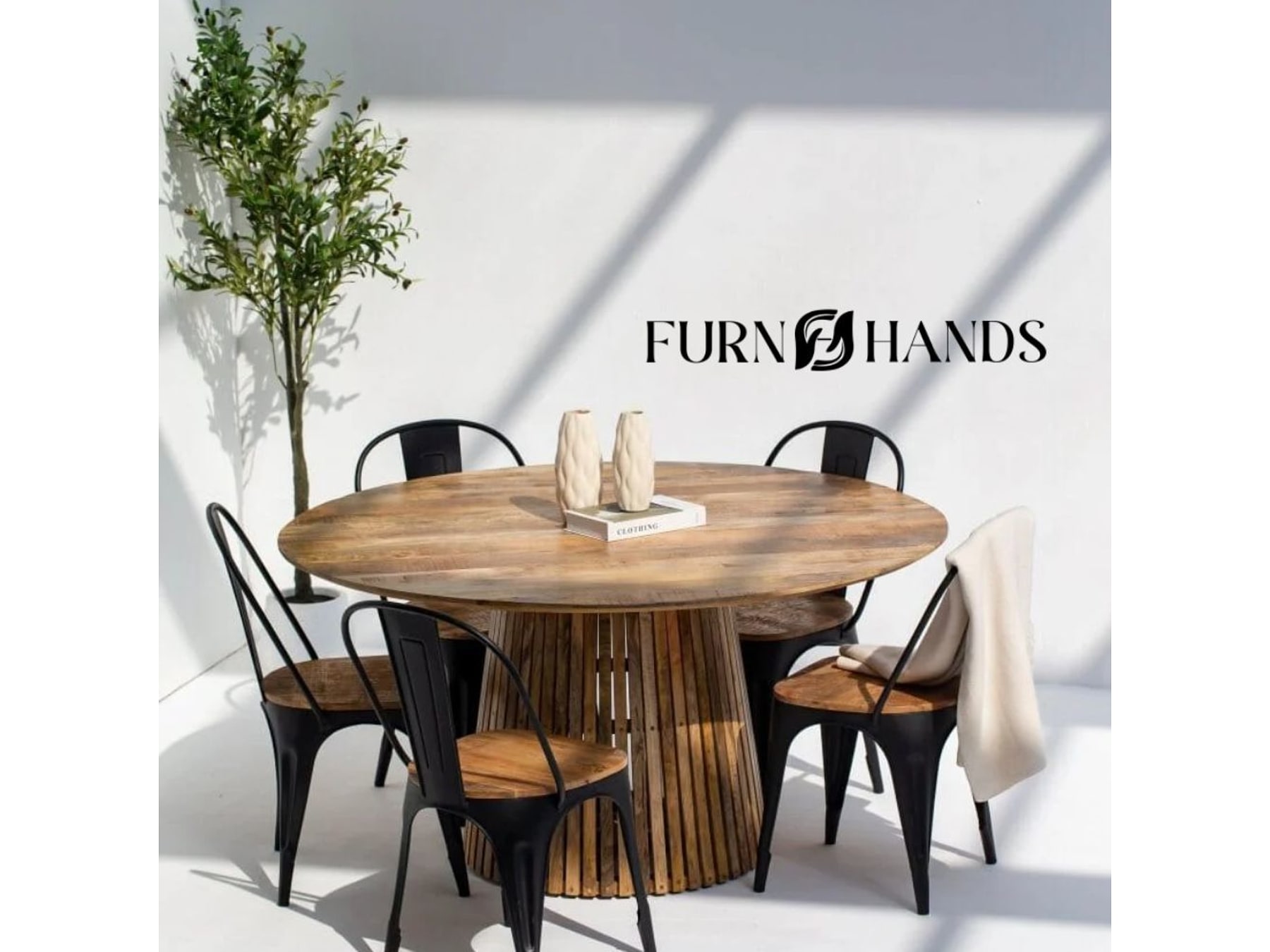 Luxury Round Wooden Dining Table with Handcrafted Cane Base – Furnhands