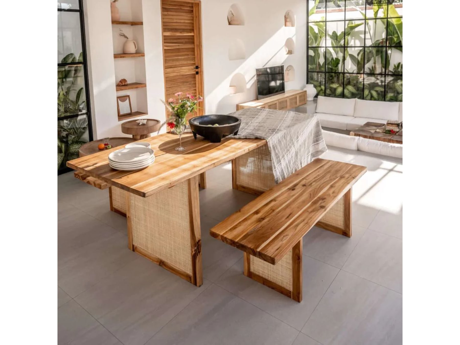 6 Seater Sheesham Wood & Rattan Dining Table Set – Modern Stylish Solid Wood Dining Set India