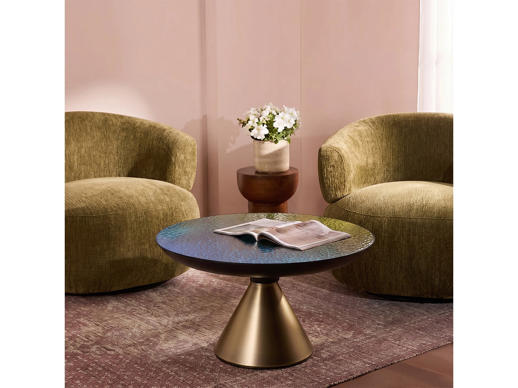 Ava Long Round Teal Blue Glass Top Coffee Table - Large — view 1