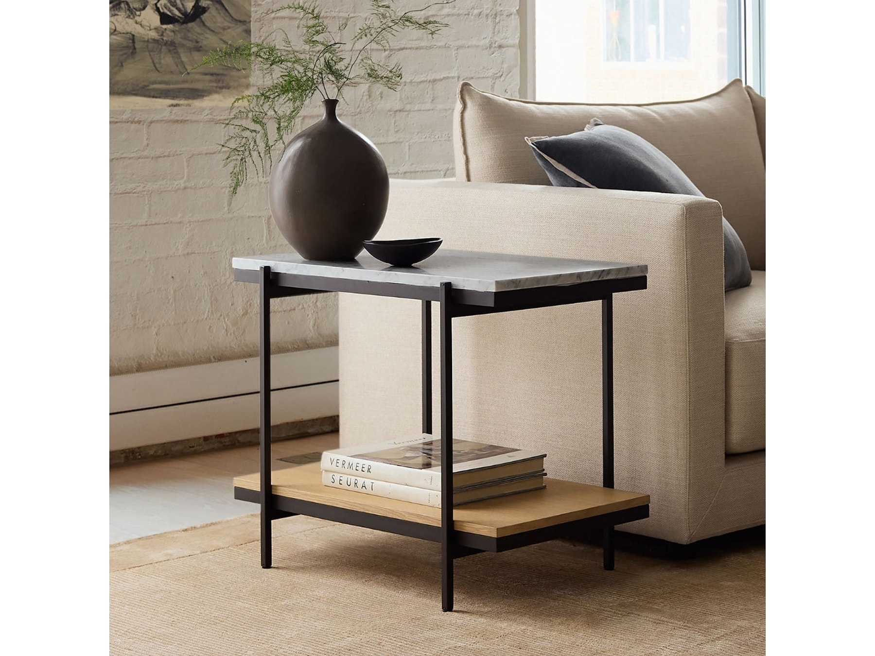 Black Metal Base Side Table with Marble & Wood — view 1