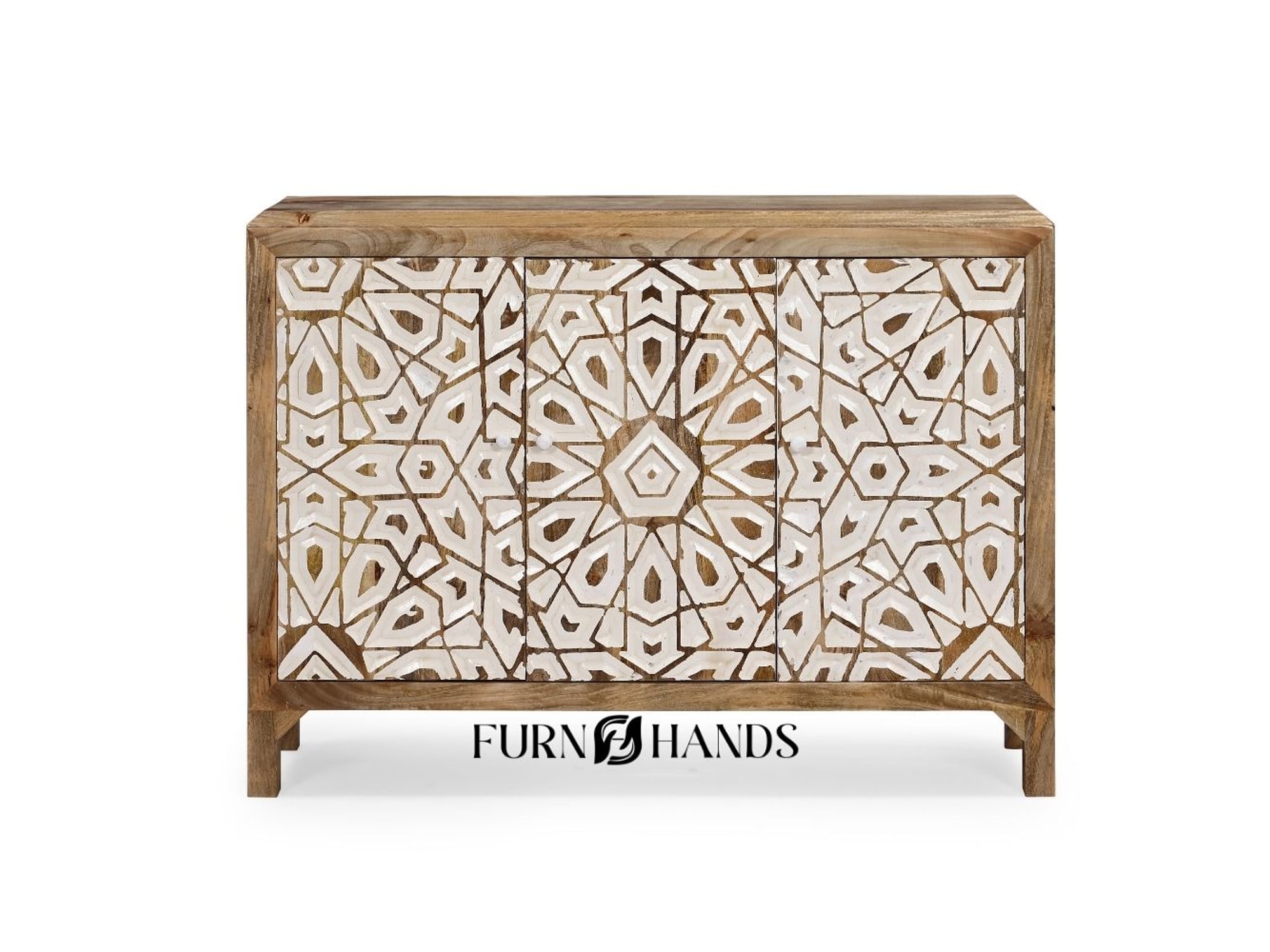 3 Door Hand Carved Solid Wood Cabinet – Natural Wooden Sideboard for Living Room — view 1