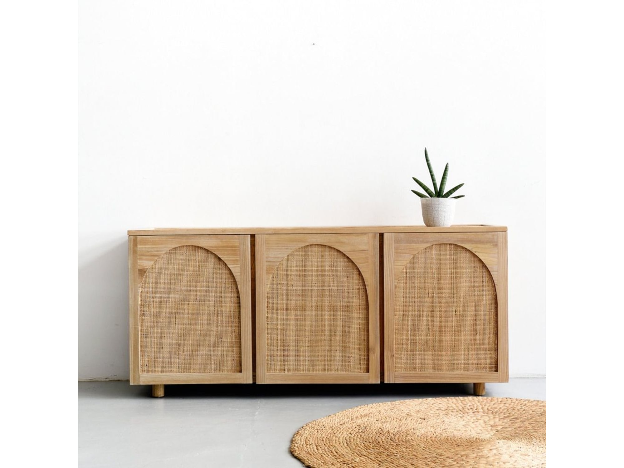 3 Door Rattan Cane Cabinet – Natural Wood Sideboard for Living Room — view 1