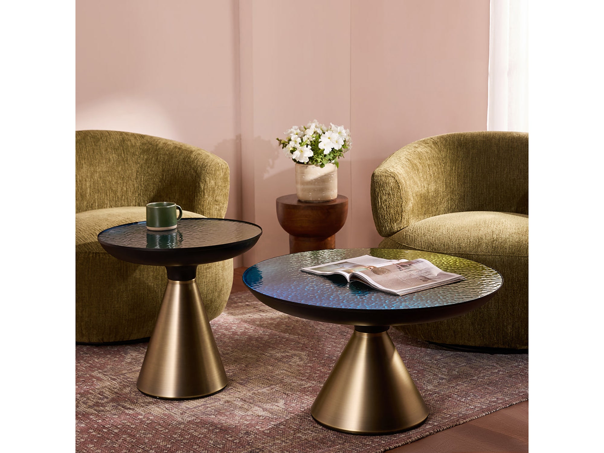 Ava Long Round Teal Blue Glass Top Coffee Table Set of 2 — view 1