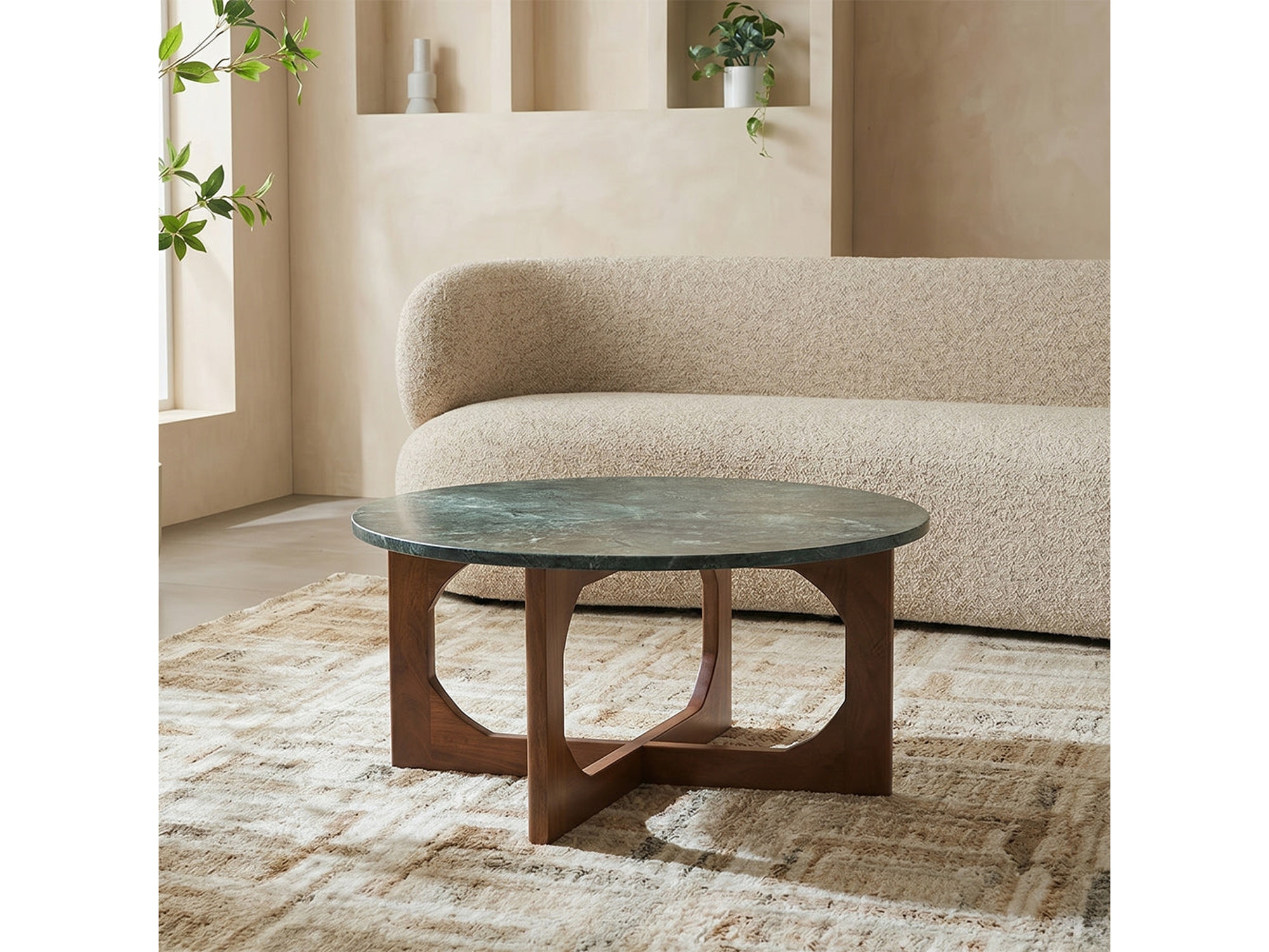 Bea Green Marble Round Coffee Table With Wood Base - Large — view 1