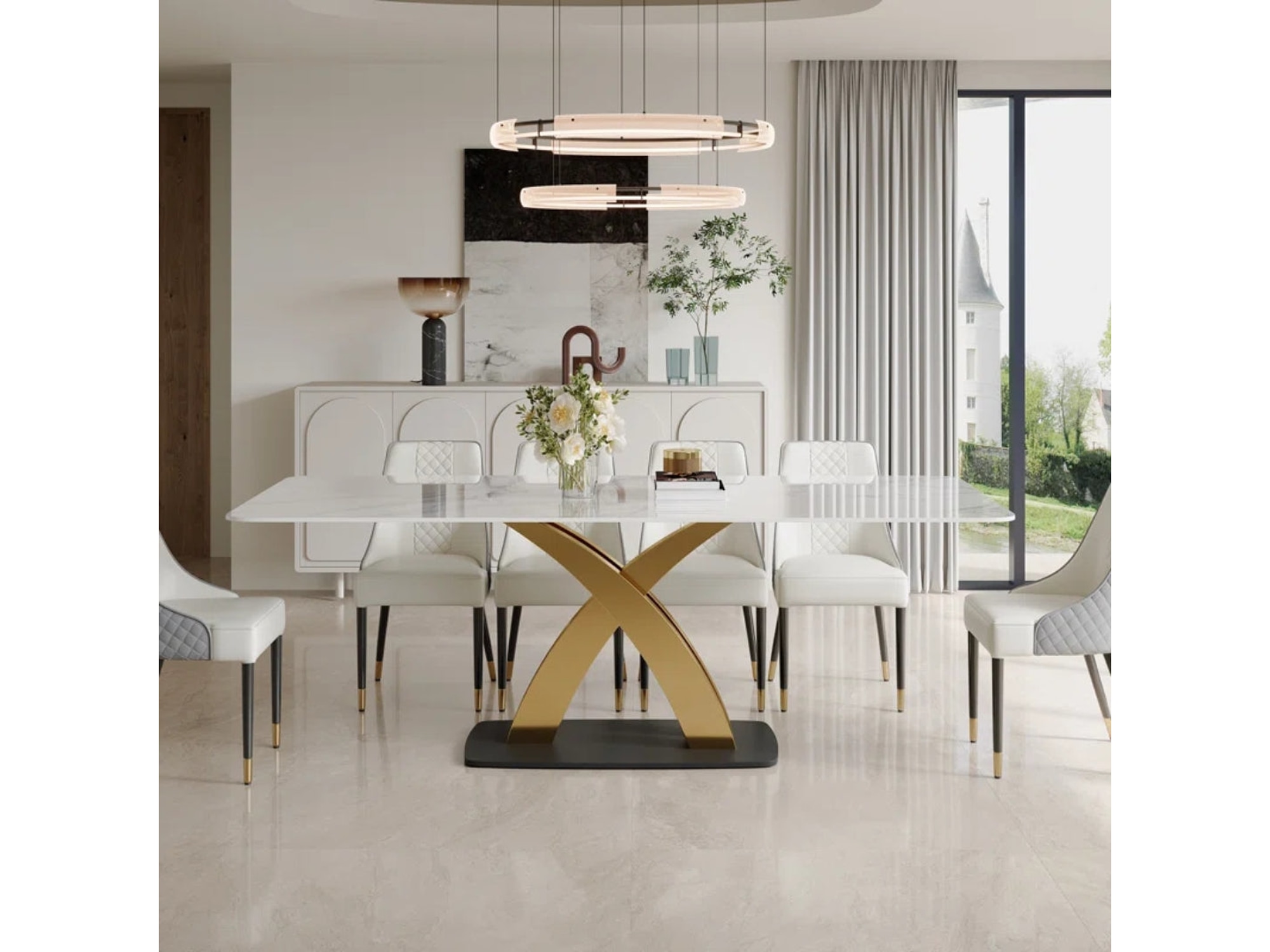 10 Seater White Rectangular Marble Dining Table With X Base — view 1