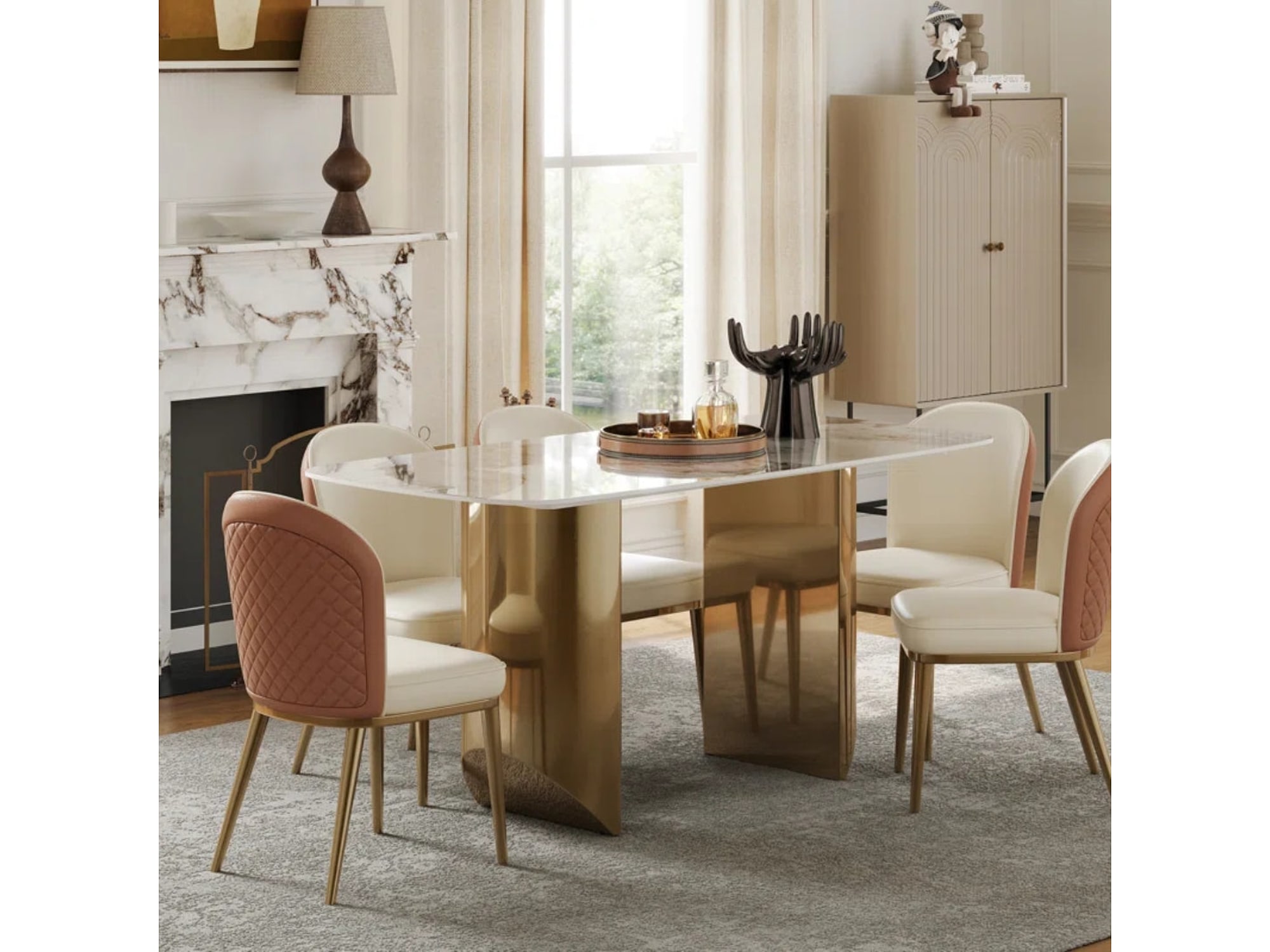 6 Seater Modern Rectangular White Marble Top Dining Table — view 1