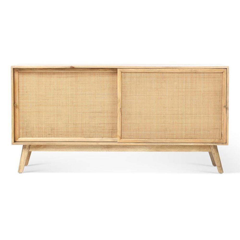 Sliding door rattan TV unit solid wood natural finish for Mumbai apartments.