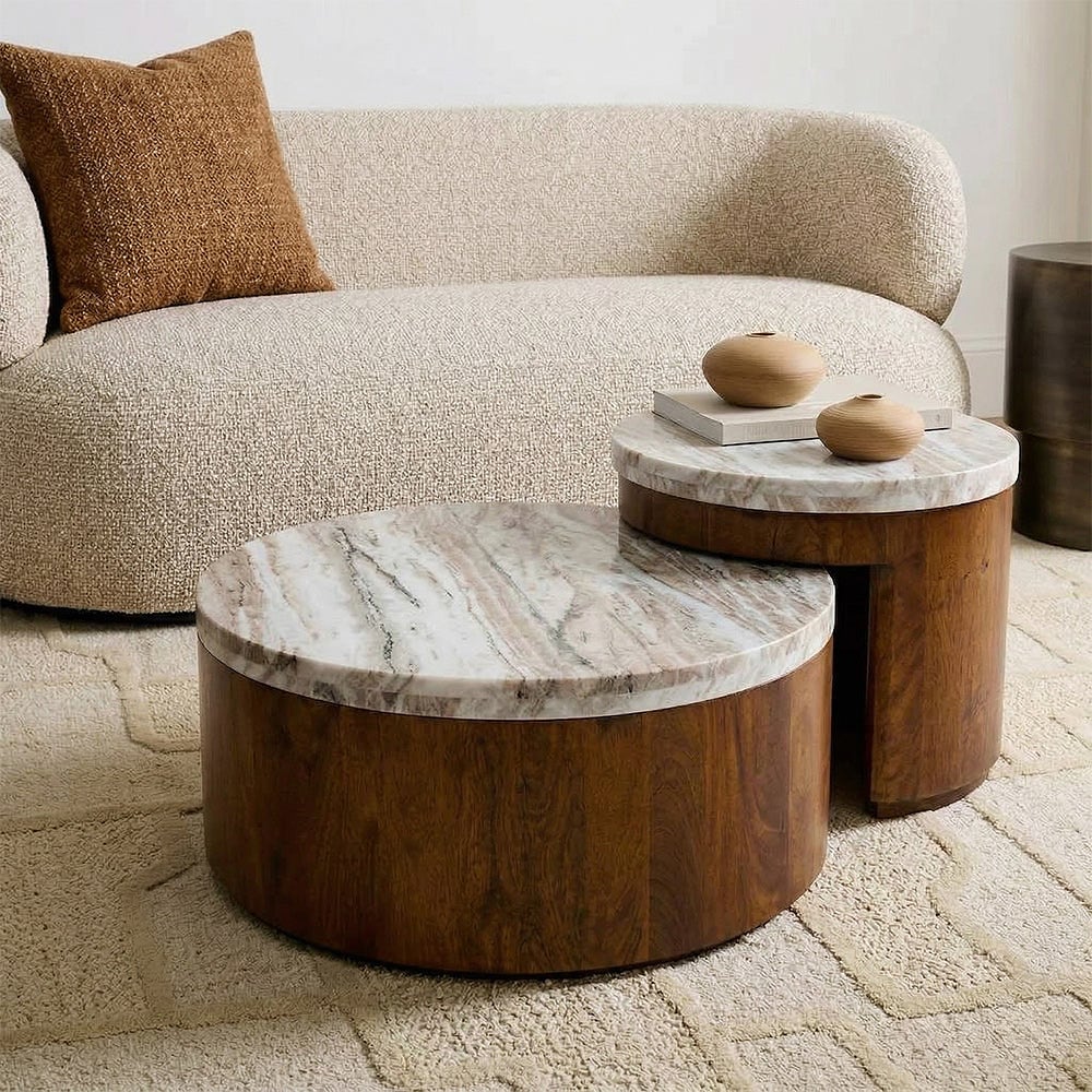 Clairo Round Sawar Marble Mango Wood Coffee Table - Set of 2 — view 1