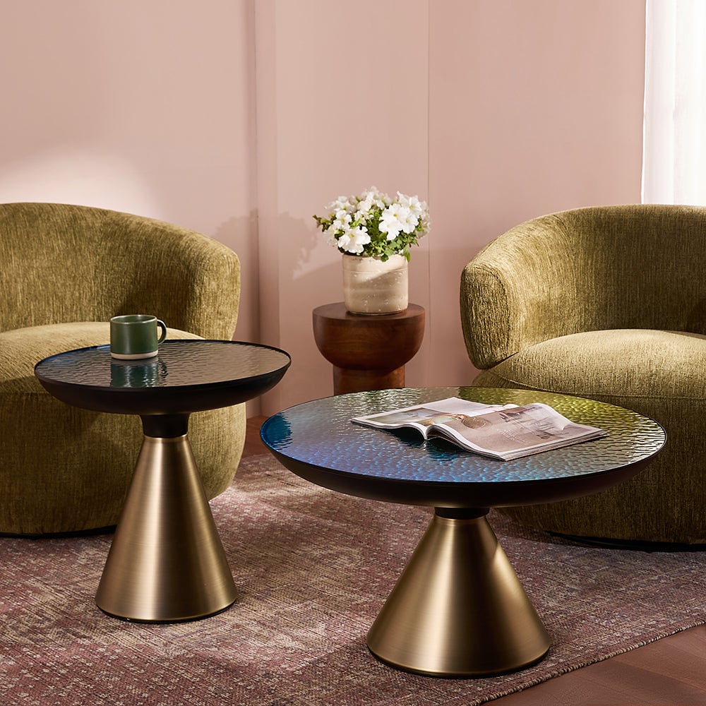 Ava Long Round Teal Blue Glass Top Coffee Table Set of 2 — view 1