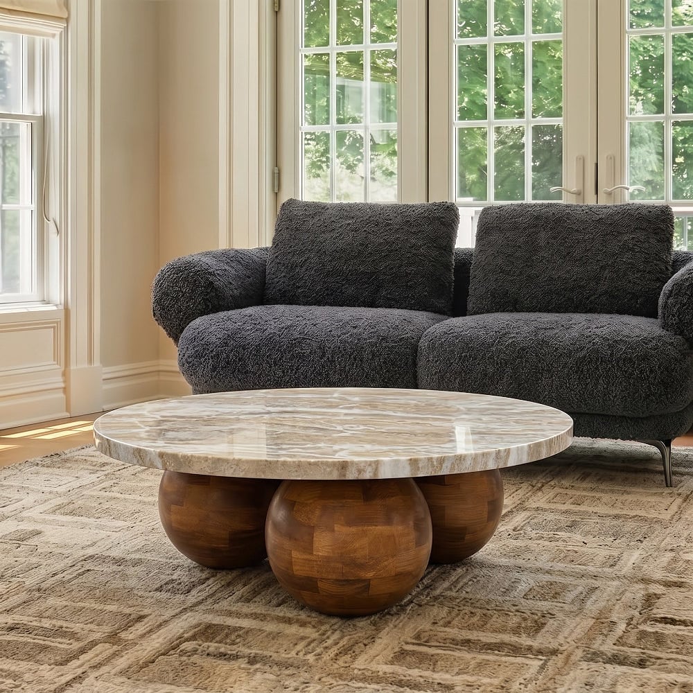 Fable Sawar Marble Coffee Table with Wooden Legs — view 1