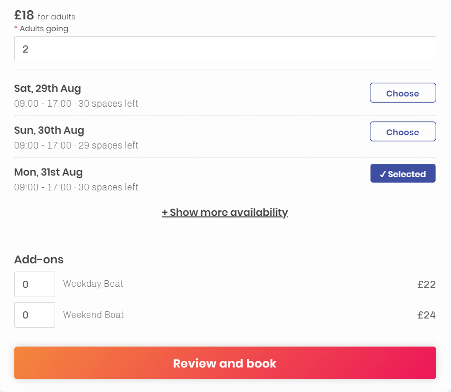 Activity bookings view