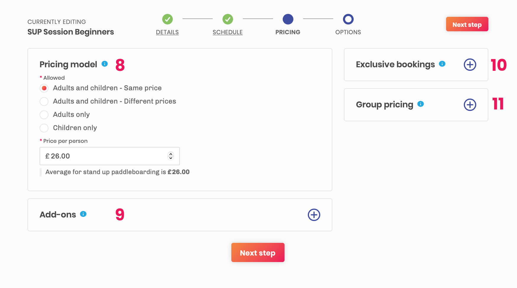 activity pricing model booking platform