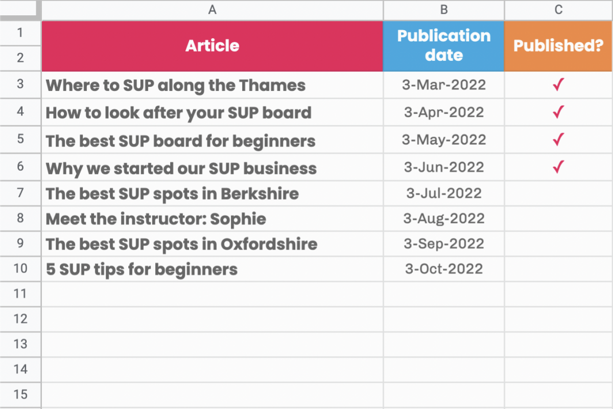 Excel blog organiser