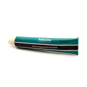 Felisine L-lysine supplement paste in a blue white and black tube for cats with snuffles