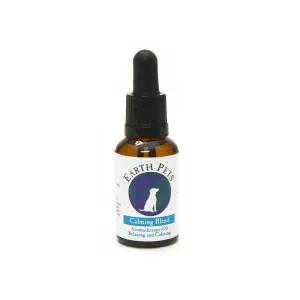 Clear brown bottle with a blue and white lable of Earth Pets calming blend for dogs